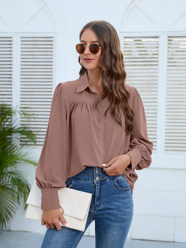 Women’s Solid Color Loose Fit Collared Button Down Blouse With Pleated Hem And Puffed Sleeves
