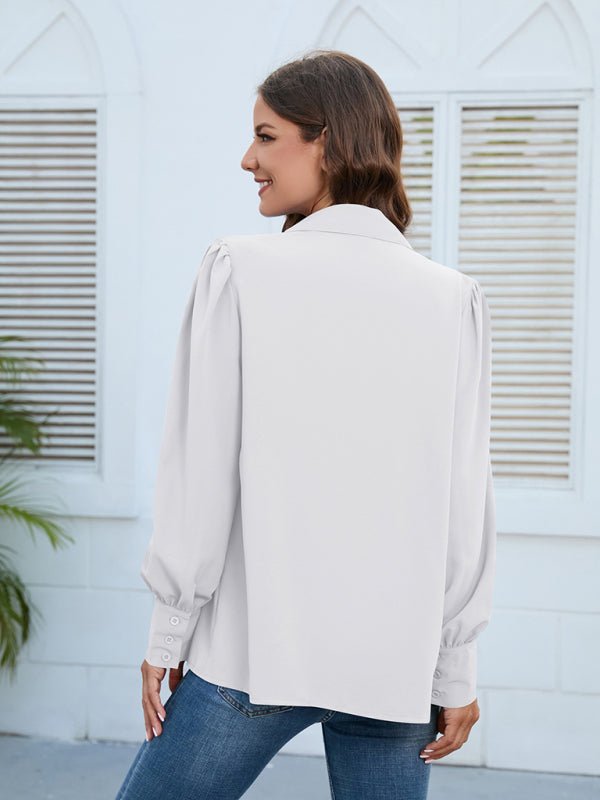 Women’s Solid Color Loose Fit Collared Button Down Blouse With Pleated Hem And Puffed Sleeves