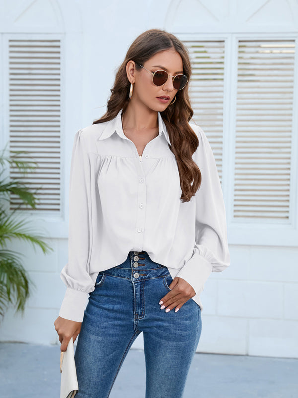 Women’s Solid Color Loose Fit Collared Button Down Blouse With Pleated Hem And Puffed Sleeves