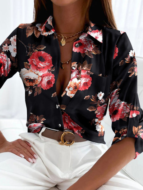 Women’s Bright Pattern Point Collar Long Sleeve Button Front Shirt