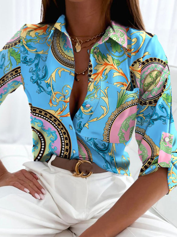 Women’s Bright Pattern Point Collar Long Sleeve Button Front Shirt