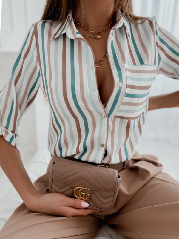 Women’s Bright Pattern Point Collar Long Sleeve Button Front Shirt