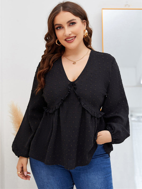 Women’s Plus Size Solid Color V Neck Clip Dot Puff Long Sleeve Tunic Top