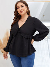 Women’s Plus Size Solid Color V Neck Clip Dot Puff Long Sleeve Tunic Top