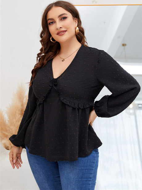 Women’s Plus Size Solid Color V Neck Clip Dot Puff Long Sleeve Tunic Top