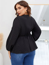 Women’s Plus Size Solid Color V Neck Clip Dot Puff Long Sleeve Tunic Top