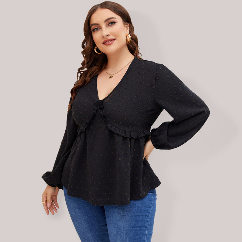 Women’s Plus Size Solid Color V Neck Clip Dot Puff Long Sleeve Tunic Top