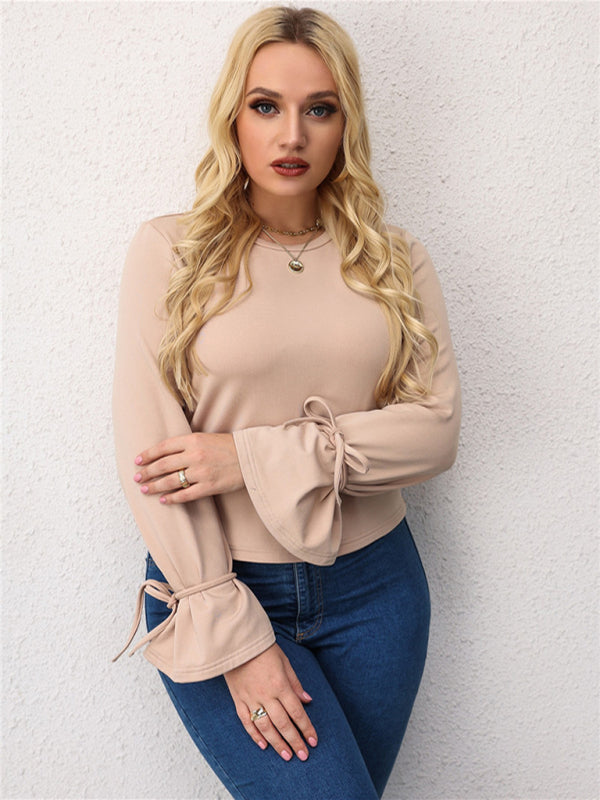 Women’s Plus Size Solid Color Crew Neck Long Sleeves Tie Bow At Cuffs Top