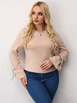 Women’s Plus Size Solid Color Crew Neck Long Sleeves Tie Bow At Cuffs Top