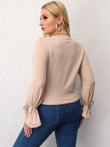 Women’s Plus Size Solid Color Crew Neck Long Sleeves Tie Bow At Cuffs Top