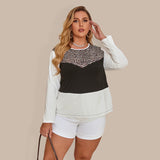 Women’s Plus Size Colorblock Faux Leopard Print At Chest Crew Neck Top