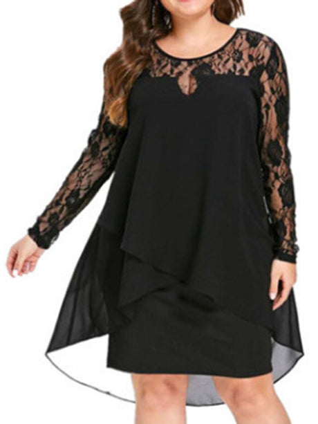 Women’s Plus Size Solid Color Long Sleeve Lace Midi Slit Lace Dress
