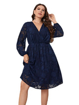 Women’s Plus Size Solid Color Lace Puff Long Sleeve V Neck Mademoiselle Lace Midi Dress