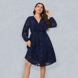 Women’s Plus Size Solid Color Lace Puff Long Sleeve V Neck Mademoiselle Lace Midi Dress