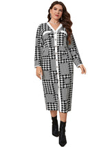 Women’s Plus Size Plaid Pattern Long Sleeve V Neck Textured Button Front Shift Dress