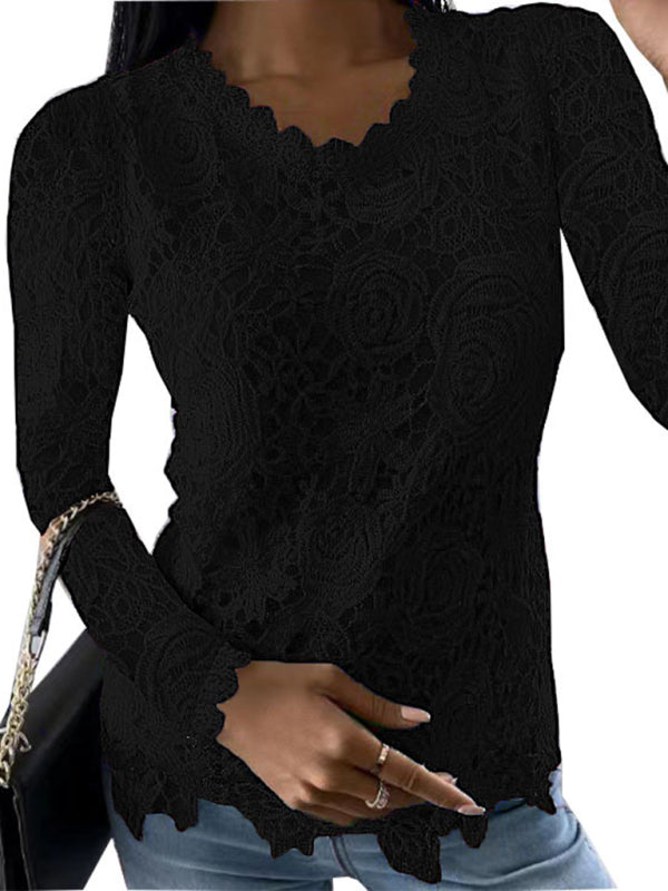 Women’s Solid Color Scoop Neckline Overlay Lace Long Sleeve Blouse