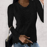 Women’s Solid Color Scoop Neckline Overlay Lace Long Sleeve Blouse