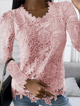 Women’s Solid Color Scoop Neckline Overlay Lace Long Sleeve Blouse