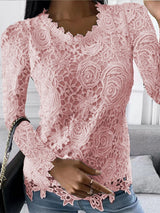 Women’s Solid Color Scoop Neckline Overlay Lace Long Sleeve Blouse