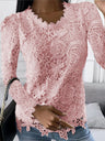 Women’s Solid Color Scoop Neckline Overlay Lace Long Sleeve Blouse