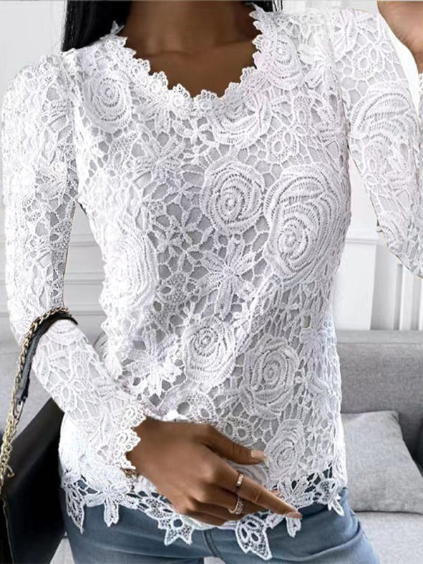 Women’s Solid Color Scoop Neckline Overlay Lace Long Sleeve Blouse