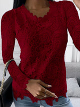 Women’s Solid Color Scoop Neckline Overlay Lace Long Sleeve Blouse