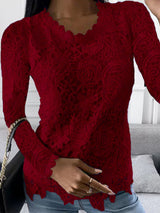 Women’s Solid Color Scoop Neckline Overlay Lace Long Sleeve Blouse