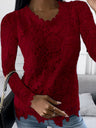 Women’s Solid Color Scoop Neckline Overlay Lace Long Sleeve Blouse