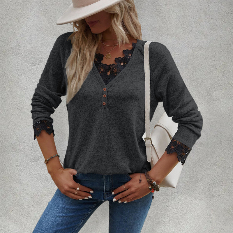 Women’s Solid Color V Neck Button Top Lace Cuffs Henley Top