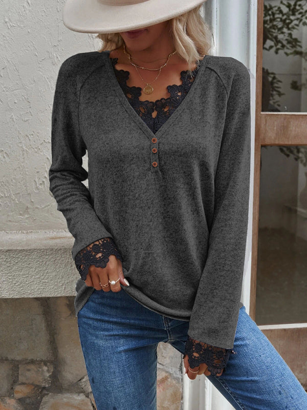 Women’s Solid Color V Neck Button Top Lace Cuffs Henley Top