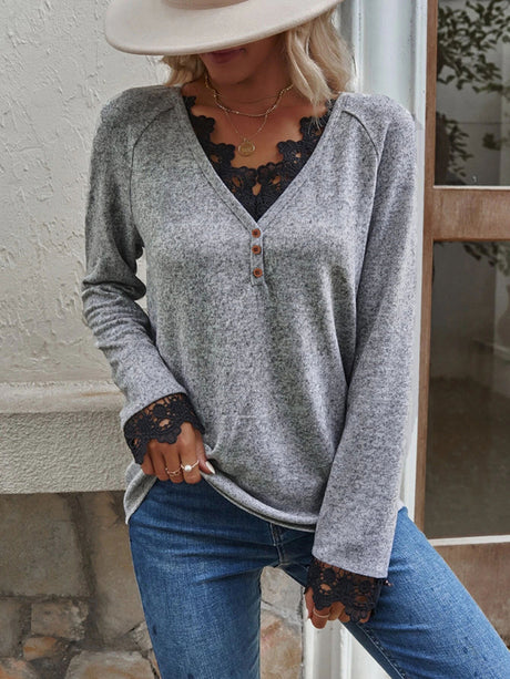 Women’s Solid Color V Neck Button Top Lace Cuffs Henley Top