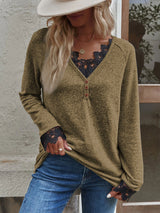 Women’s Solid Color V Neck Button Top Lace Cuffs Henley Top