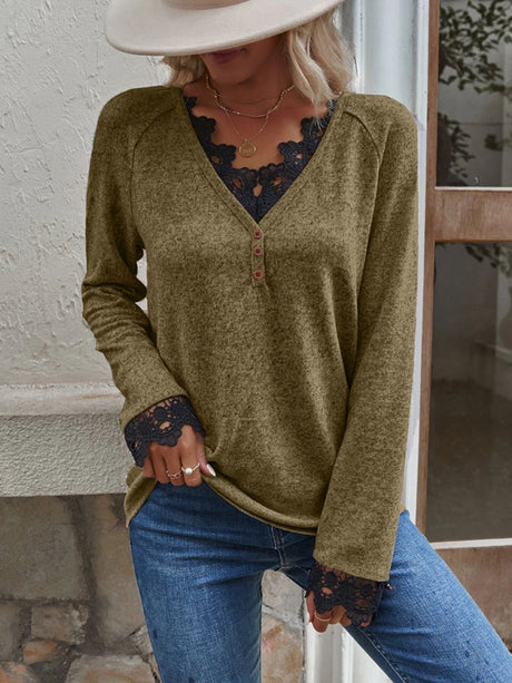 Women’s Solid Color V Neck Button Top Lace Cuffs Henley Top