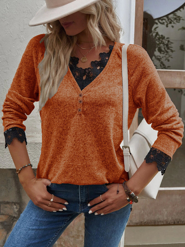 Women’s Solid Color V Neck Button Top Lace Cuffs Henley Top