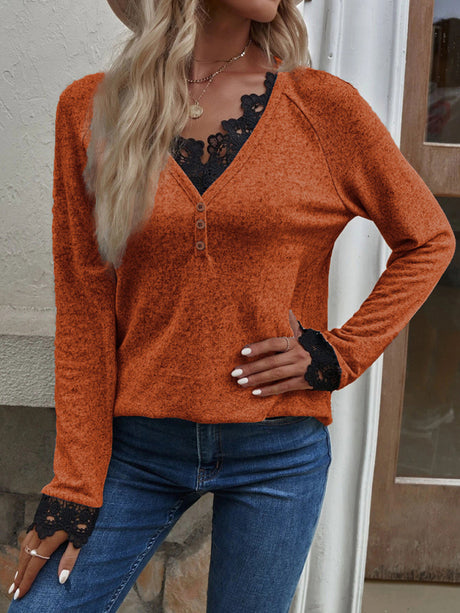 Women’s Solid Color V Neck Button Top Lace Cuffs Henley Top
