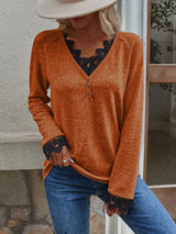 Women’s Solid Color V Neck Button Top Lace Cuffs Henley Top