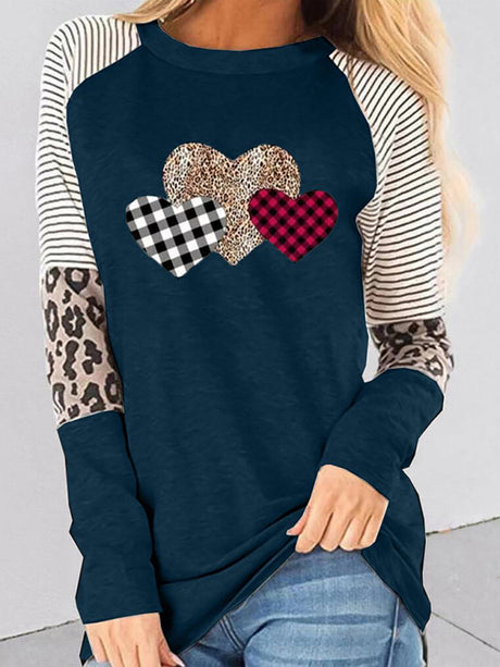Women's Valentine's Day Long Sleeve Mosaic Peach Heart Casual Round Neck Loose Top