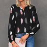 Women’s Feather Print Long Sleeve Split V Neck Blouse