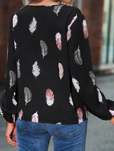 Women’s Feather Print Long Sleeve Split V Neck Blouse