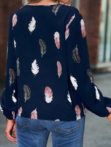 Women’s Feather Print Long Sleeve Split V Neck Blouse