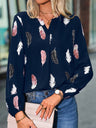 Women’s Feather Print Long Sleeve Split V Neck Blouse