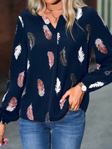 Women’s Feather Print Long Sleeve Split V Neck Blouse