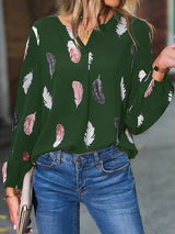 Women’s Feather Print Long Sleeve Split V Neck Blouse