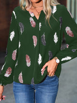 Women’s Feather Print Long Sleeve Split V Neck Blouse