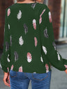 Women’s Feather Print Long Sleeve Split V Neck Blouse