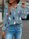 Women’s Feather Print Long Sleeve Split V Neck Blouse