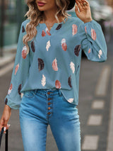 Women’s Feather Print Long Sleeve Split V Neck Blouse