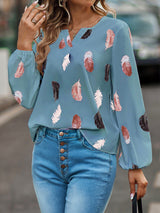 Women’s Feather Print Long Sleeve Split V Neck Blouse