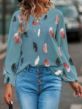 Women’s Feather Print Long Sleeve Split V Neck Blouse