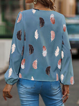 Women’s Feather Print Long Sleeve Split V Neck Blouse